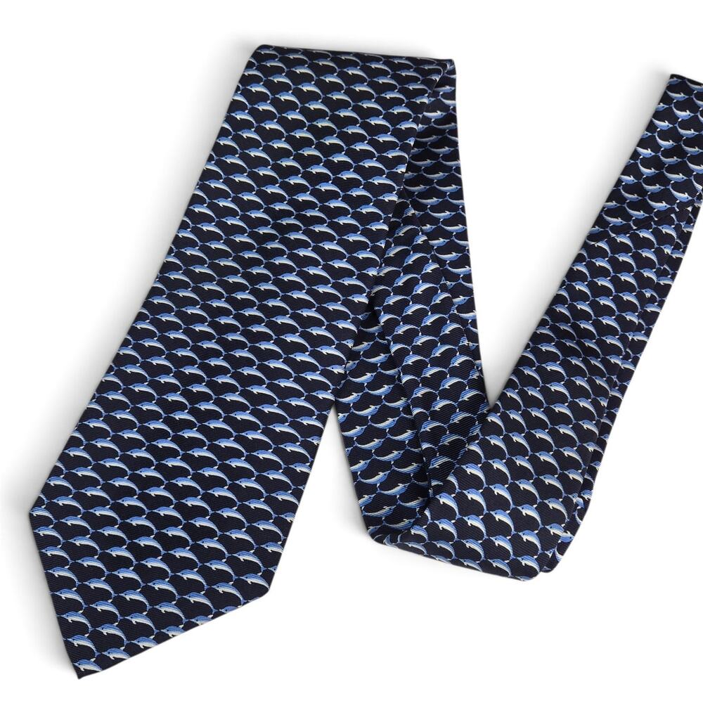 Brooks Brothers Makers Tie Blue Dolphins 100% Silk Necktie USA Printed in Italy